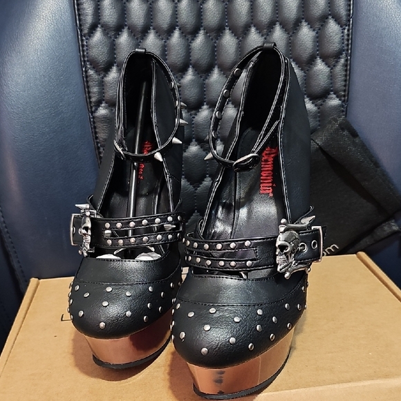 Demonia Black and Silver Studded Platform Shoes - Picture 9 of 10